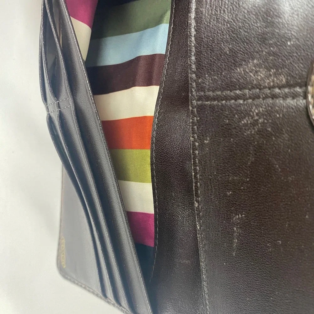 Coach Womens Brown Signature Canvas‎ Monogram Legacy Stripe Tri-Fold Wallet Snap